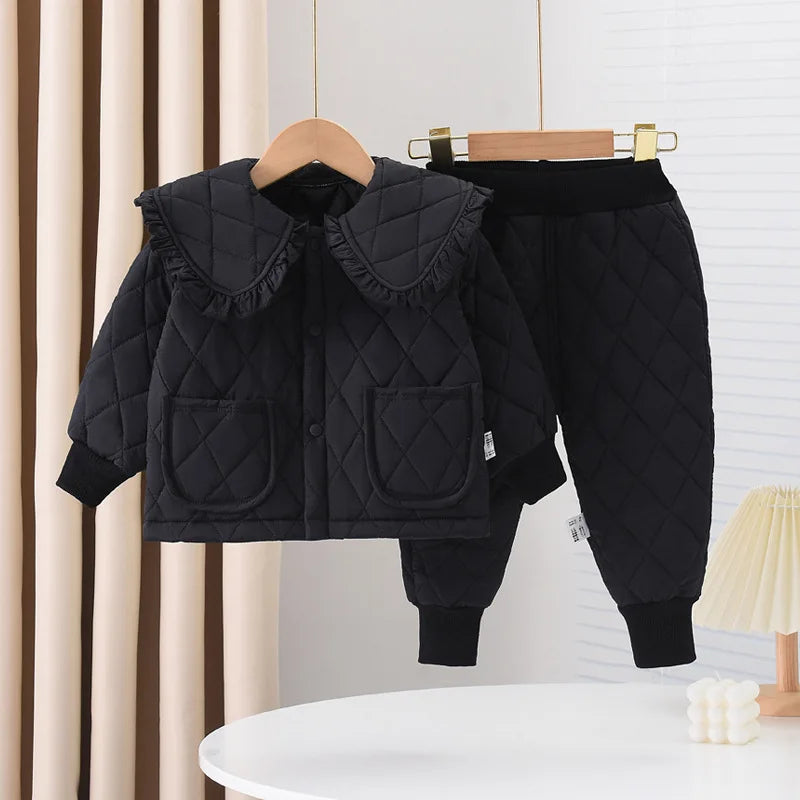 2025 Girls Winter Sets Baby Clip Cotton Warm Two-Piece Autumn New Children Lapel Solid Colour Fashion Casaual Suit 12M-6 Years