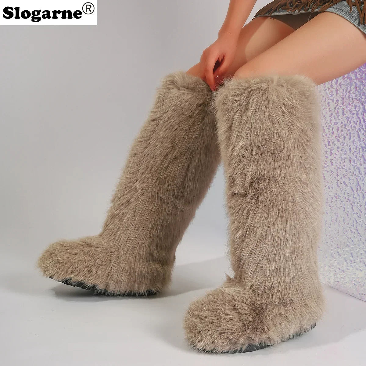 Women New Faux Fox Fur Long Boots Knee High Light Colour Fur Snow Boots Ladies Platform Push Shoes Drop Shipping Winter Shoes