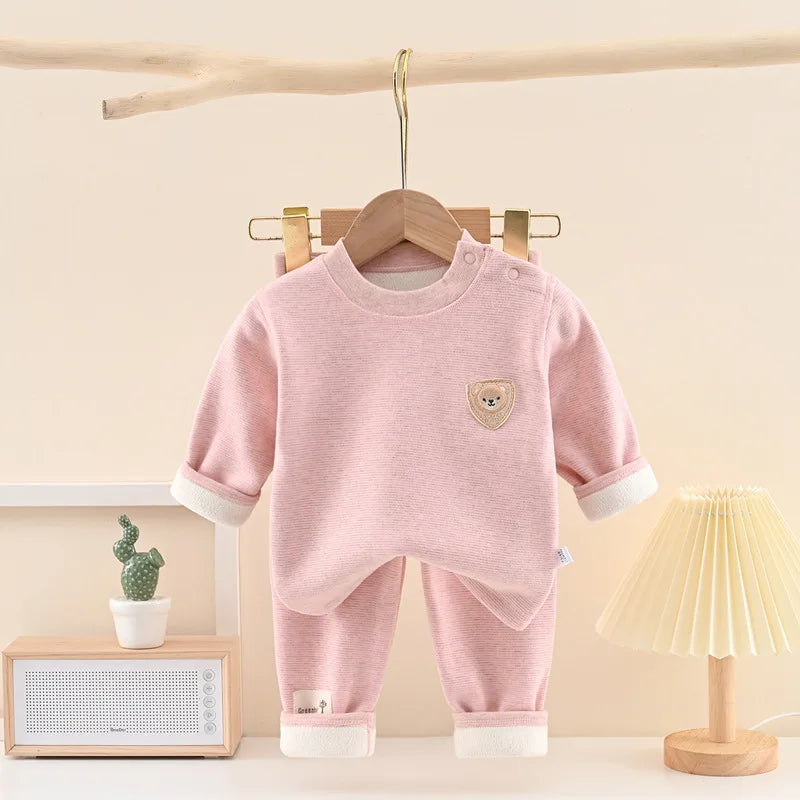 Children's Padded Thickened Underwear Set Girls Round Neck Blouse Pants Suit Autumn Winter New Boys Fashion Casual 2-Piece 4M-4Y