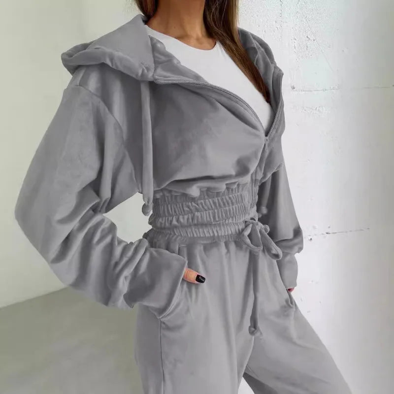 Autumn Women Zip Fly Hooded Top & High Waist Drawstring Pants Set Female Two Pieces Suit Sets Casual