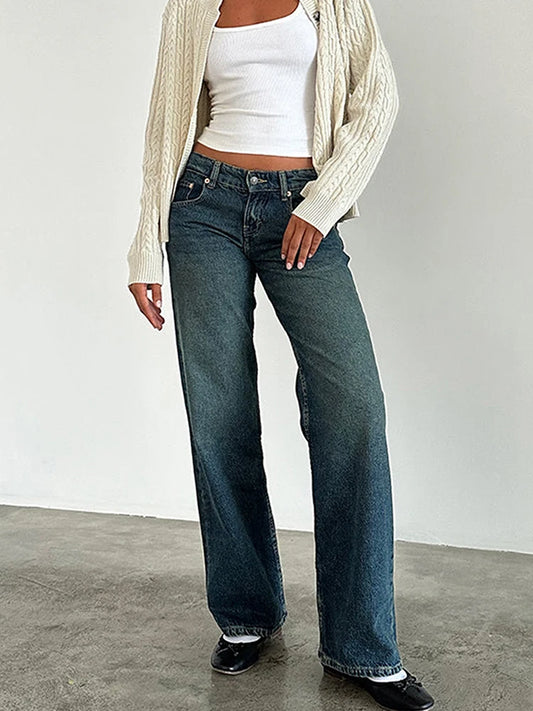 Women Vintage Aesthetic Y2k Low Rise Baggy Jeans Loose Fit Boyfriend Straight Wide Leg Jeans Trendy Stretch Long Denim Pants