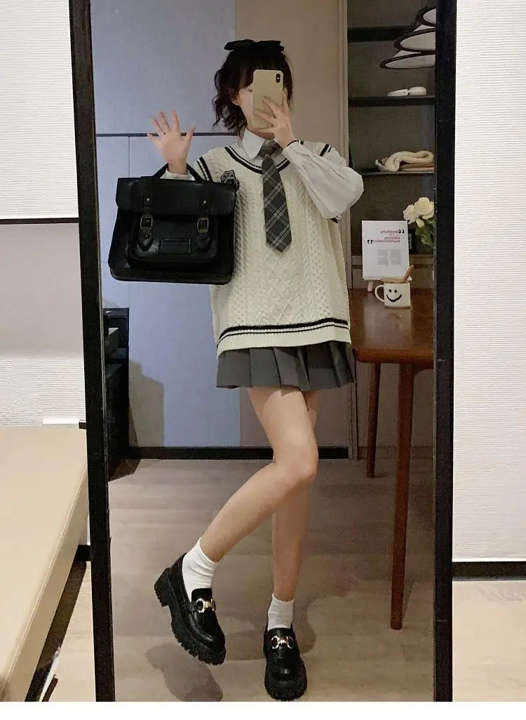 Japanese Cute School Uniform Women Korean Winter Knitting Sweater Skirt Sets V-neck Long Sleeve Jk Uniform School Girl Cosplay