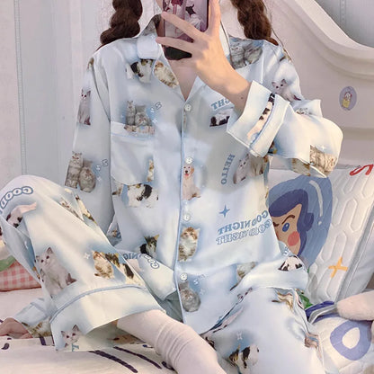 Women's Pajamas Sets Spring Autumn 2 Piece Animal Print Pyjama Faux Silk Satin Sleepwear Long Sleeve Pijama Mujer Pjs Homewear