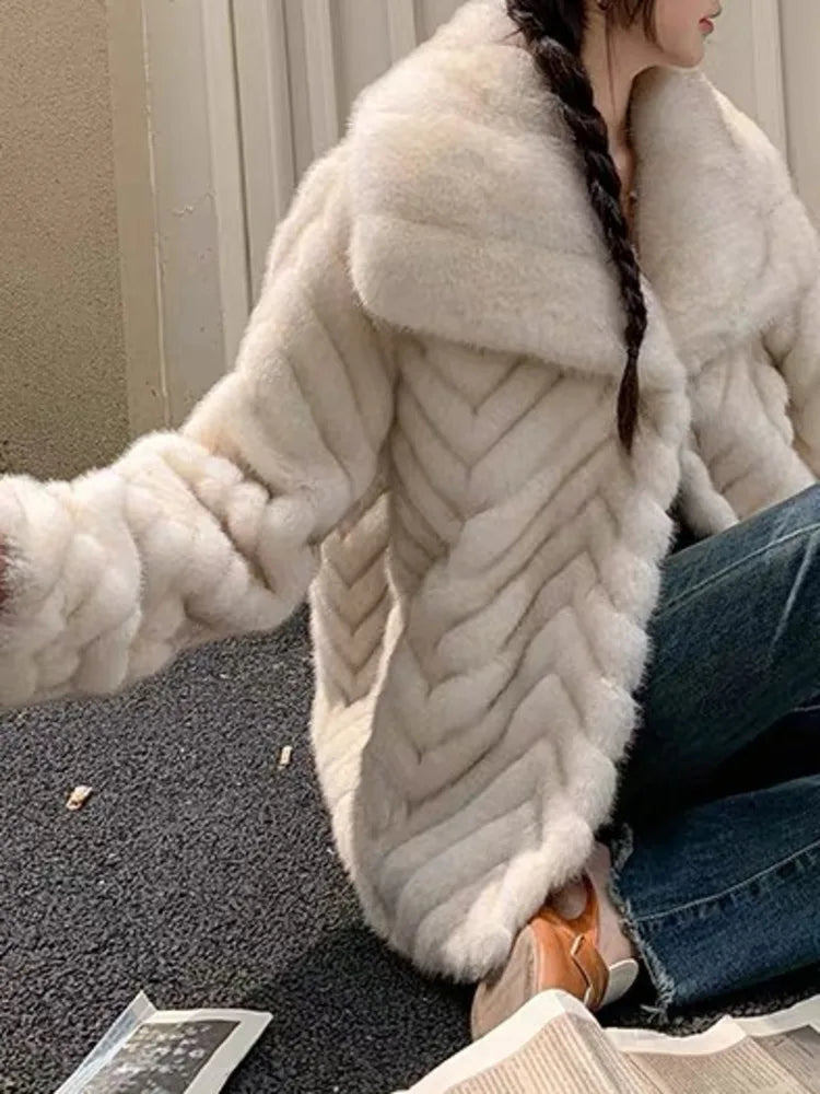 Solid Loose Big Lapel Long Sleeve Faux Mink Fur Coat All-match Keep Warm Women Winter Thick Outwear