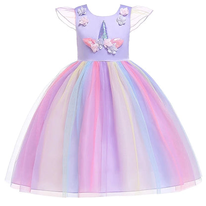 Kids Unicorn Dress for Girls Flower Appliques Ball Gown Elegant Party Costumes Little Girl Princess Dresses Children Clothing