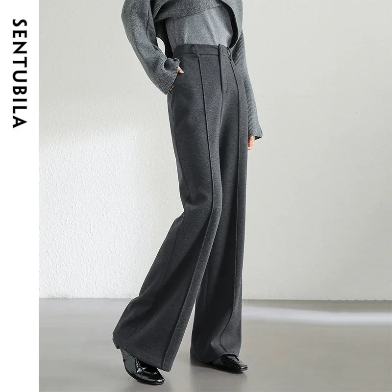 SENTUBILA Wool Blend Flare Pants Women Winter Thick Warm Trousers High Waist Office Lady Fashion