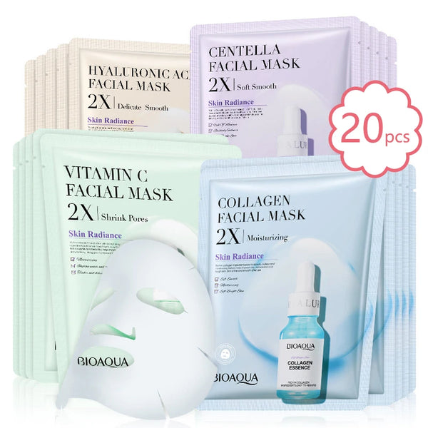 20pcs BIOAQUA Centella Collagen Face Mask VC Moisturizing Refreshing Sheet Masks Hyaluronic Acid  Facial Mask Skin Care Products