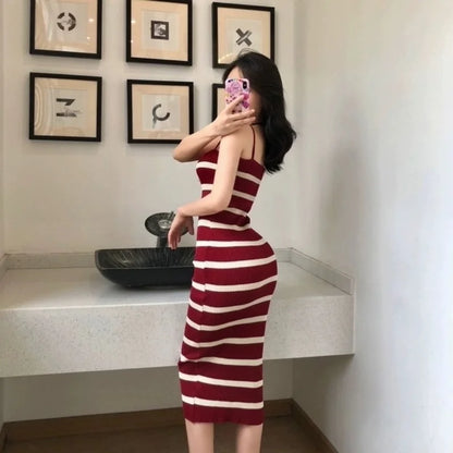 Pullover Knitting Camis High Waist Midi Sleeveless Dress Sheath Vestidos Sexy Women Rib Stripped Maxi Spaghetti Strap Robe Mujer