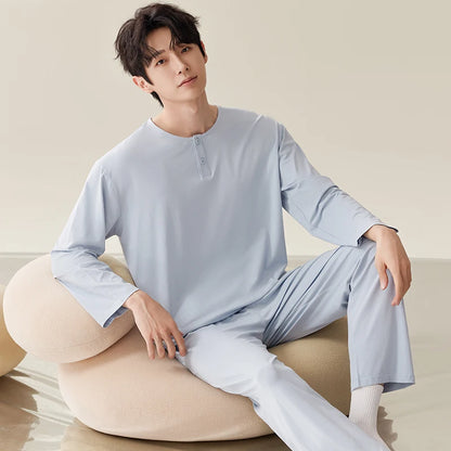 Men Pajamas Solid Color Casual Long Sleeves Long Pants Autumn Winter Simple Sleepwear Cozy Pijamas Soft Pyjamas Boys Nighty Male