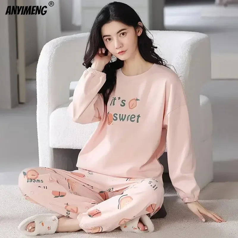 M-5XL Big Size Autumn Spring Pajamas Set for Women Kawaii Printing Sleepwear for Girl Fashion Long Sleeve O-neck Woman's Pijamas