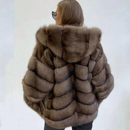 Natural Mink Color Hooded Fox Fur Coat Women Streetwear Casual Loose Cozy Outertwear Genuine Luxury Real Fur Jacket