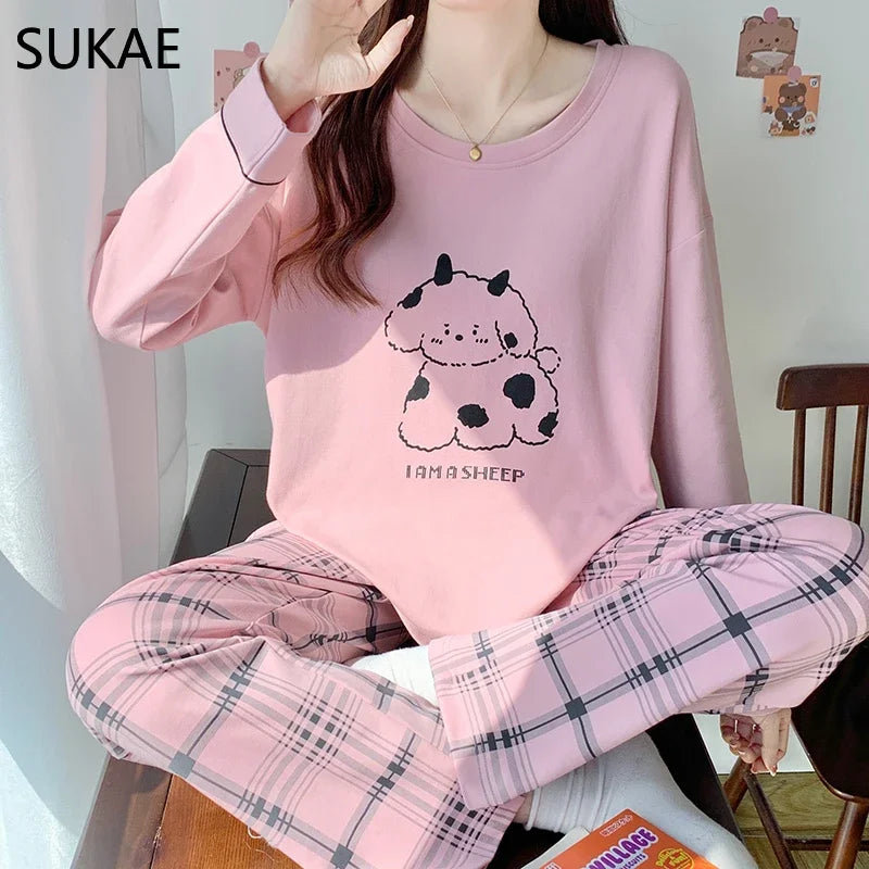 SUKAE Pink Puppy Printing Women Sleepwear Korean New Pajamas Set O-neck Long Sleeve Pijamas Autumn Spring Faux Cotton Nightwear