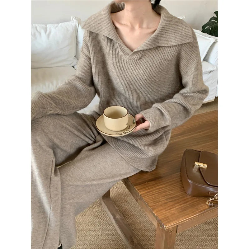 Autumn Cashmere Warm Soft Pants Suit Winter New Fashion Lapel V Neck Sweater Knitwear Casual Pants Women Two-piece Sets Elegant