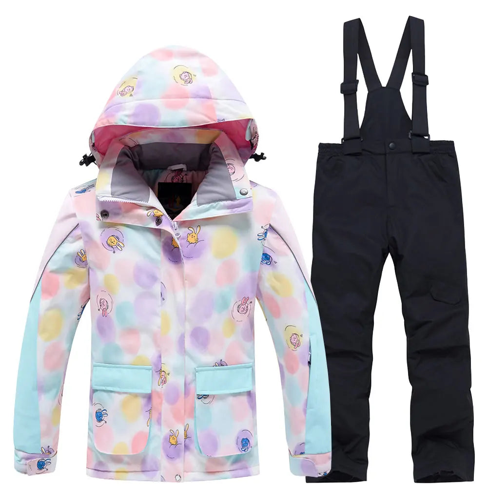 Fashion Printed Skiing Jacket + Bib Pants Snowsuits 2-Piece Boys Girls Hooded Winter Warm Windproof Snowboarding Wear