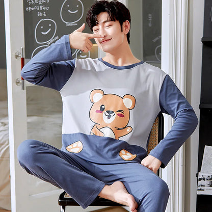 100% Cotton Men Pajamas Set Long Sleeve Pijama for Male S-XXXL Size Homewear Pure Cotton Loungewear Nightie Sleepwear Man Pyjama