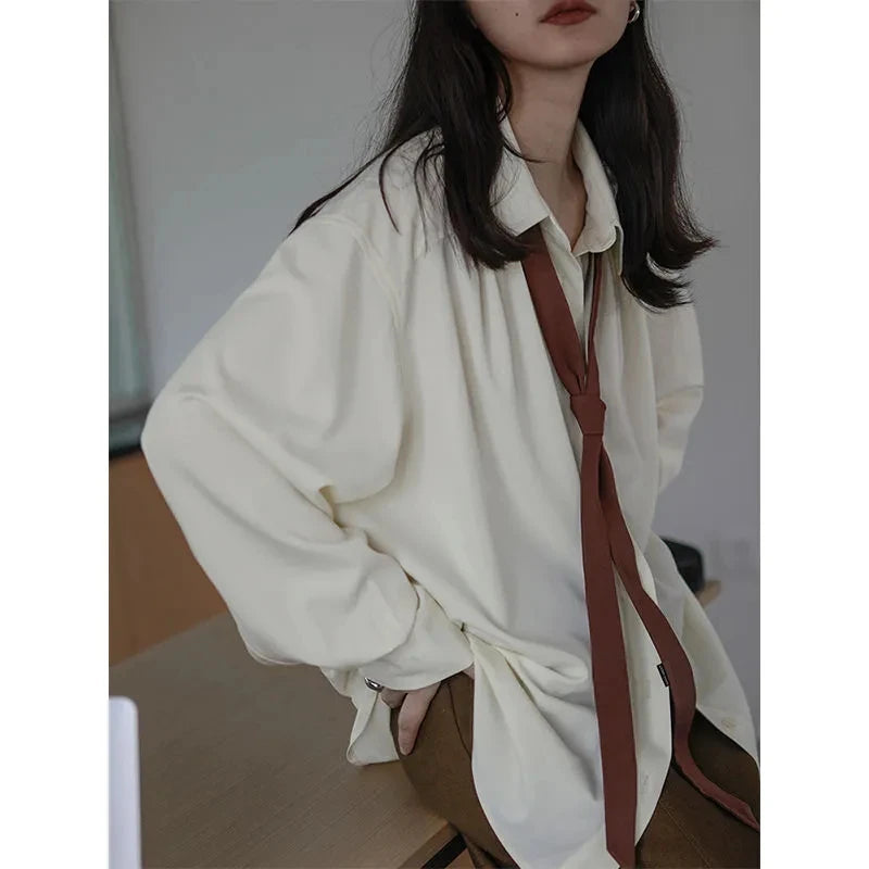 2025 Spring Minimalist Long Sleeve Button Up Shirt Women Korean Style Solid Tie Oversize Shirts Blouse Loose Clothes Autumn Tops