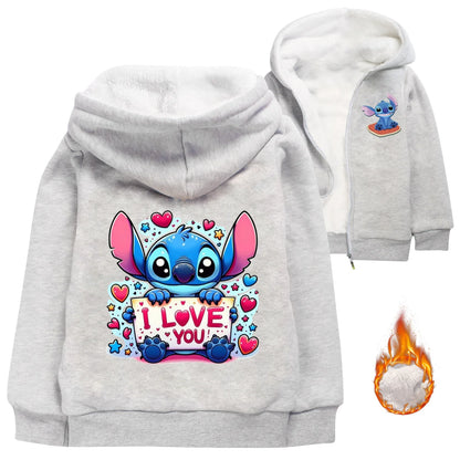 Kid Baby Boy Girl Coat Autumn Winter Long Sleeve Plush Hoodies Cartoon Stitch Print Children Sweatshirt Clothes Thick Top Outfit