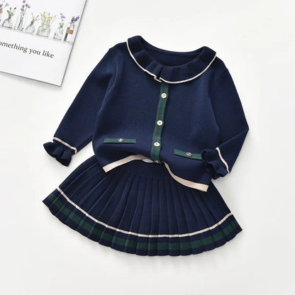 New Winter 2024 Girls sweater suits 2 3 4 5 6  little girl Knit Cardigan jacket + Pleated Skirt baby kids college Navy Blue Set