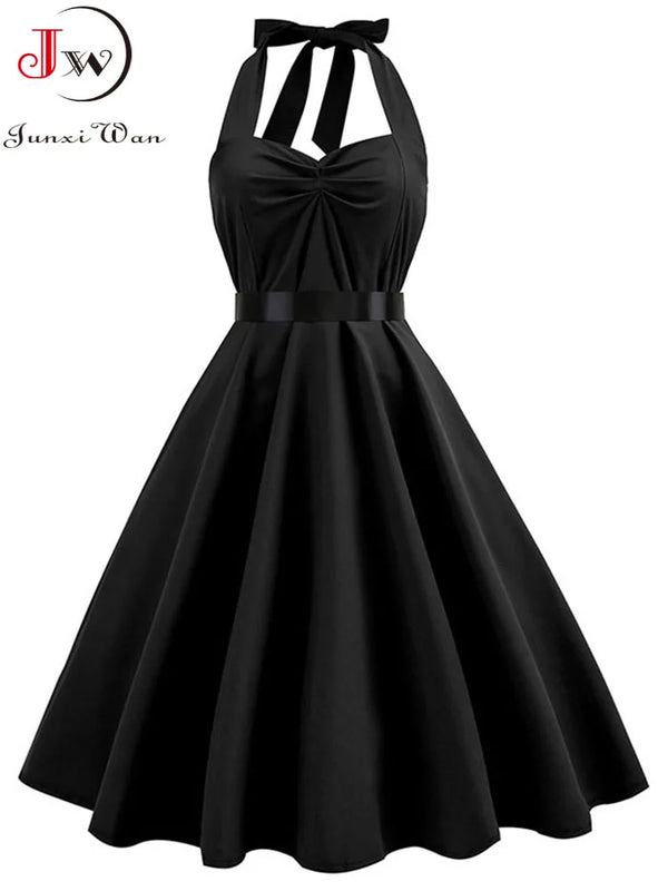 Sexy Halter Party Dress Women Summer Backless Vintage Dresses Retro Rockabilly Swing Robe femme Elegant  Midi Sundress