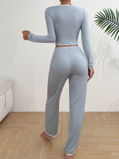 Autumn Winter Homewear Pajamas Set for Women Long Sleeves Shirt Trousers 2 Pieces Sexy Lace Pijamas Sleepwear Loungewear