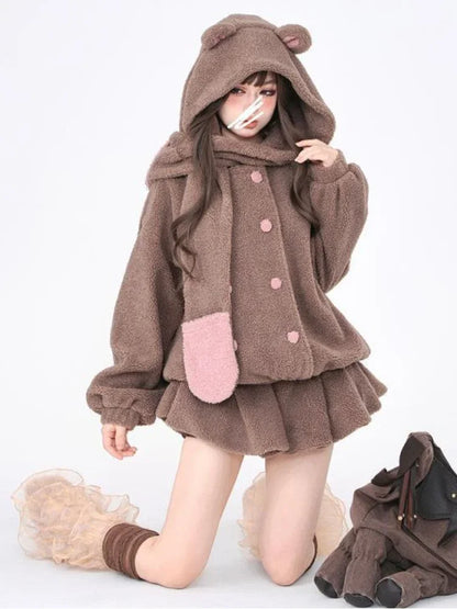 Winter Warm Kawaii Two-piece Set Women Wool Korean Elegant Skirt Suit Japanese Sweet Hooded Coat + Lolita Party Mini Skirt