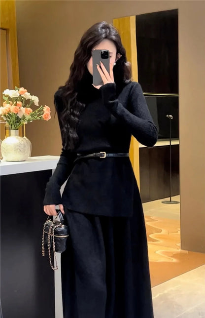 Two Piece Sets Muslim Knitting Skirts Outfits Women Pullover Sashes Sweater Long Skirt Suit Temperament Knitwear Ensemble