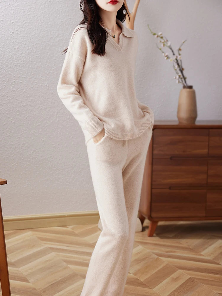 Autumn and Winter Cashmere Sweater Women's Suit Lapel Knit Pullover Fashion Straight Leg Small Foot Pants Luxury Two-Piece Set