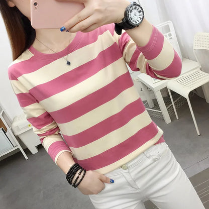 Autumn Loose Pure Cotton Long Sleeve T-shirt Women Clothing Middle-aged Mom Base Shirt Striped Top