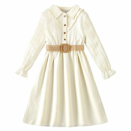 Formal Girl Dress Chiffon Teenager Girl Clothes Elegant Shirt Dress with Belt Kid Outfit Children Clothing Plus Size Teens