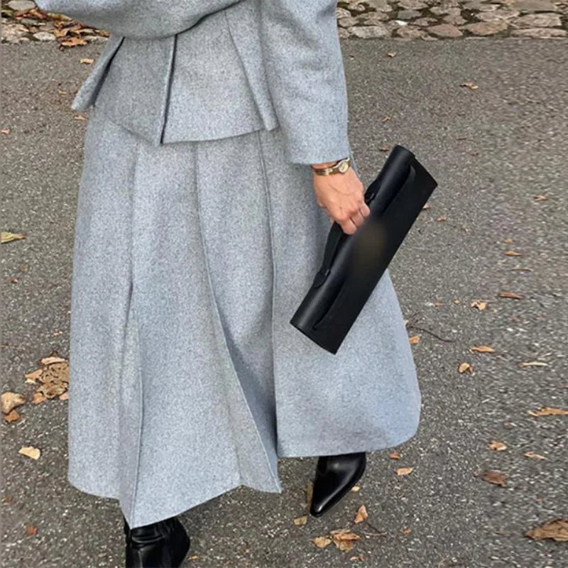 Wide Shoulders Jackets Pleated Skirts Women's Set Elegant Lapel Long Sleeved Jacket With Long Skirt Female Autumn Chic Outfits