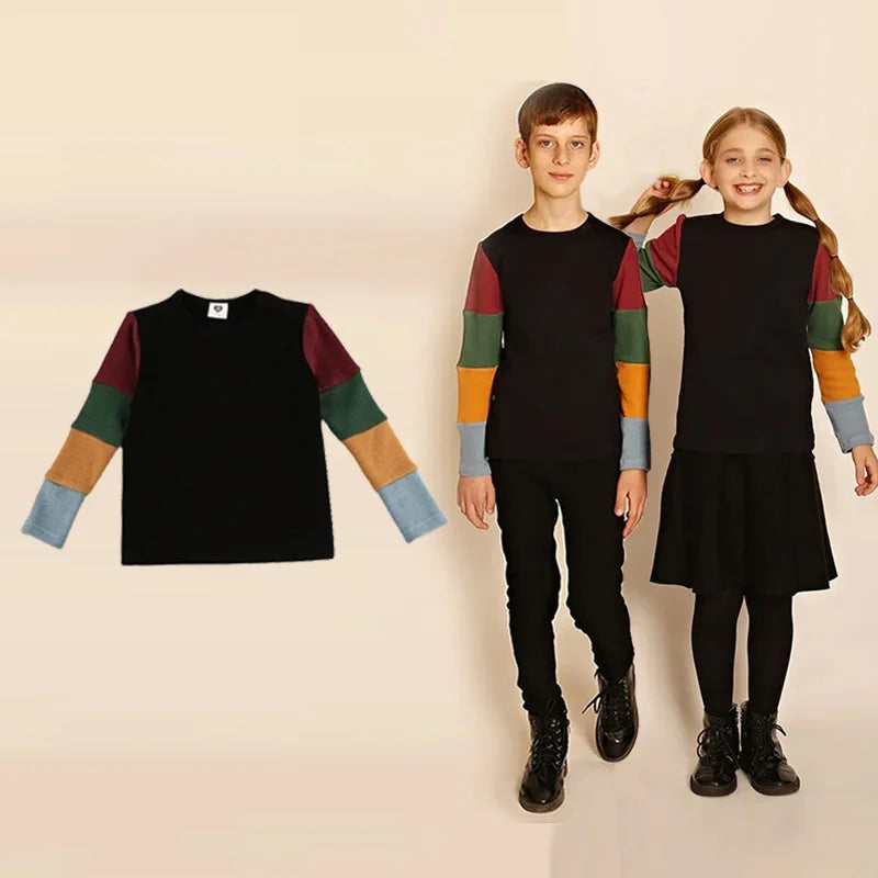 AA-2T-16T Fall Winter Family Matching Clothes Girls Midi Dresses Kids Top Children Color Block Casual T-shirt Long Sleeve Outfit