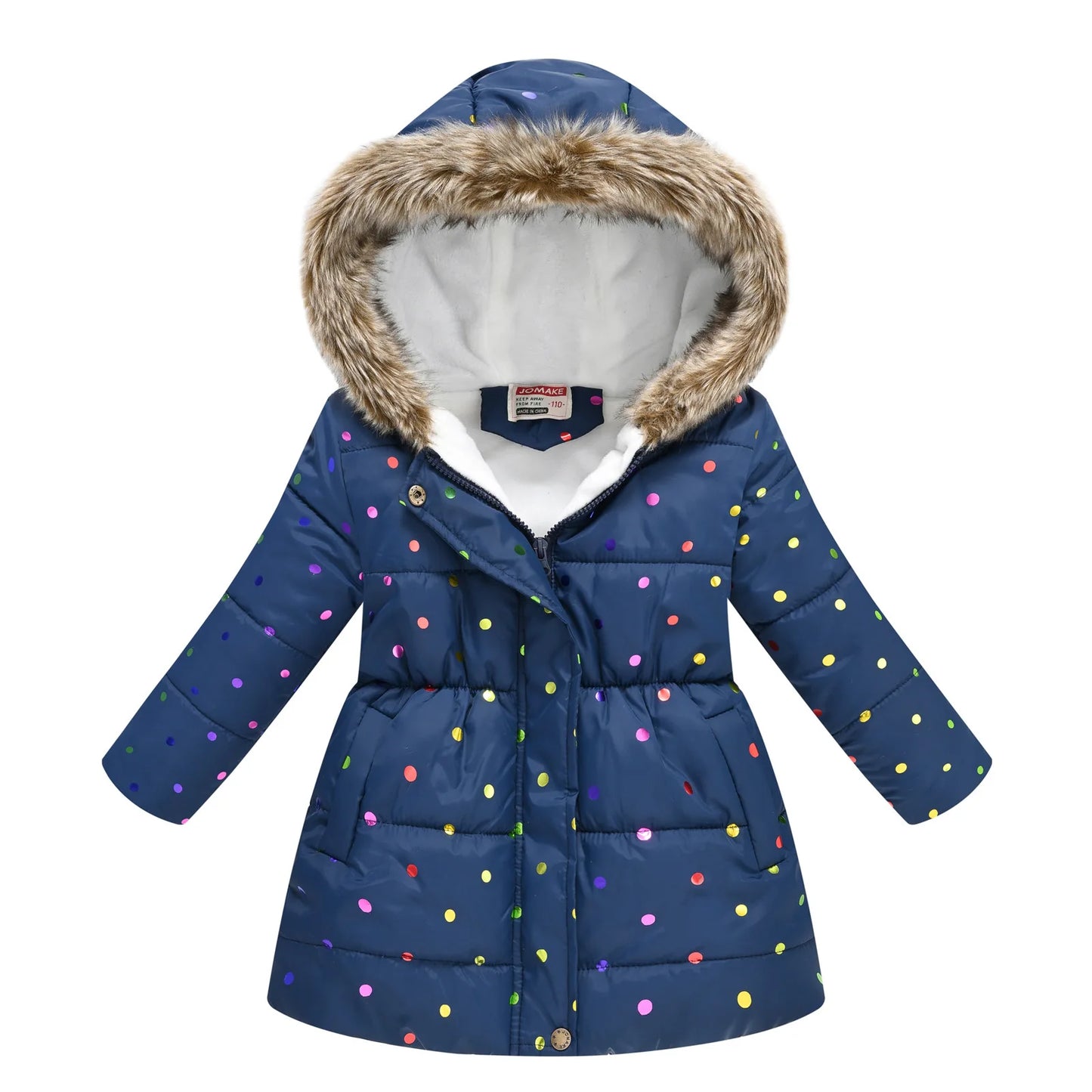 Autumn Winter Girls Jacket Keep Warm Fur Collar Fashion Prints Little Princess Coat Hooded Zipper Girls Outerwear Kids Clothes