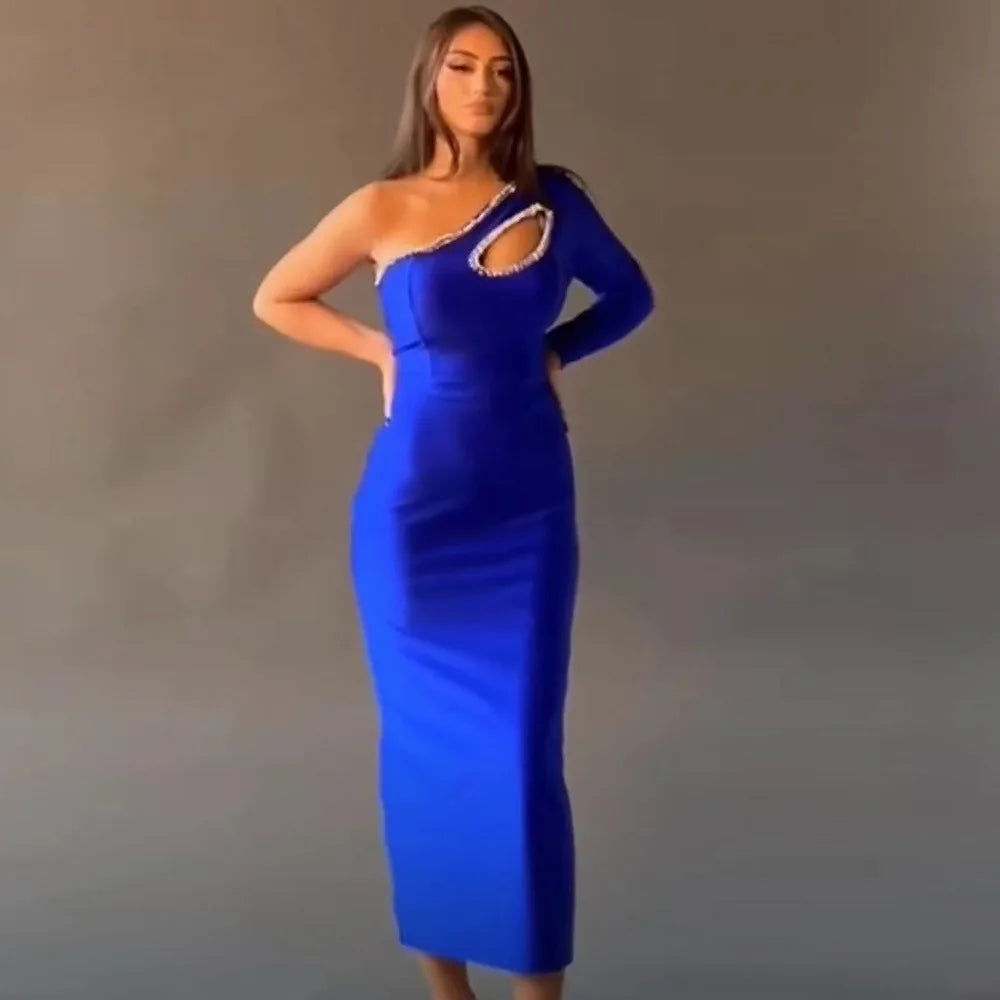 1&Only Women's One Shoulder Long Bandage Dresses, Hollow Out, Backless, Elegant, Solid Blue, Luxury Diamond, Celebrity, Evening Party