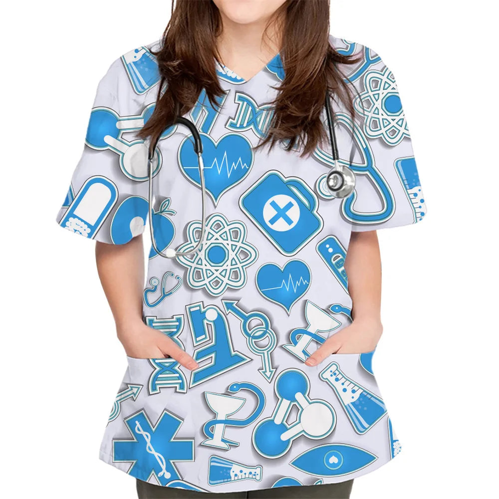 Women's Surgical Uniforms Medical Product Graphic Print V Neck Scrub Tops Elegant Short Sleeve Pocket Design Nurse Uniform