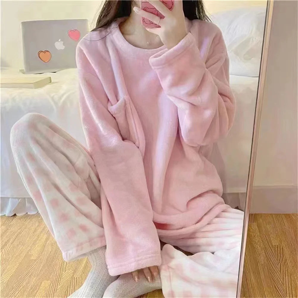 Autumn Winter Pijamas Kawaii Pajama Sets Women Cartoon Sweet Bear  Flannel Sleepwear Girl Pijama Mujer Night Suits Soft Homewear