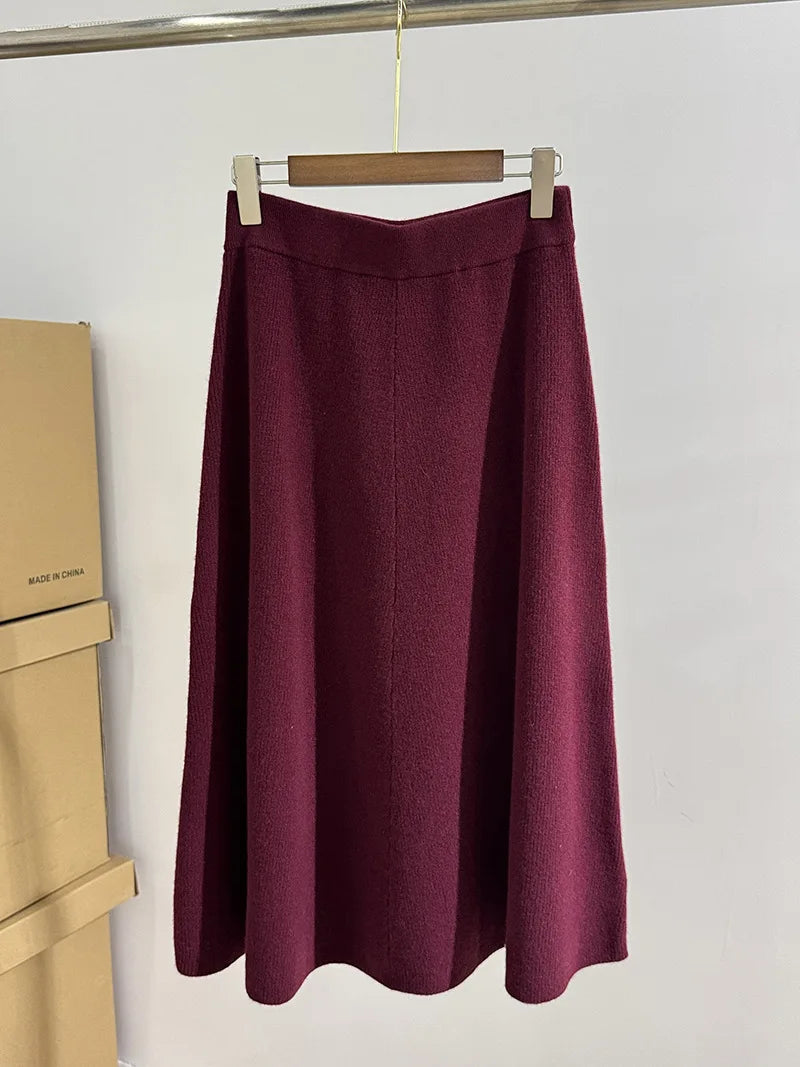 Autumn And Winter New Elegant Ladies Ribbed Wool Cashmere V-Neck Sweater Top + Knitted Skirt Set