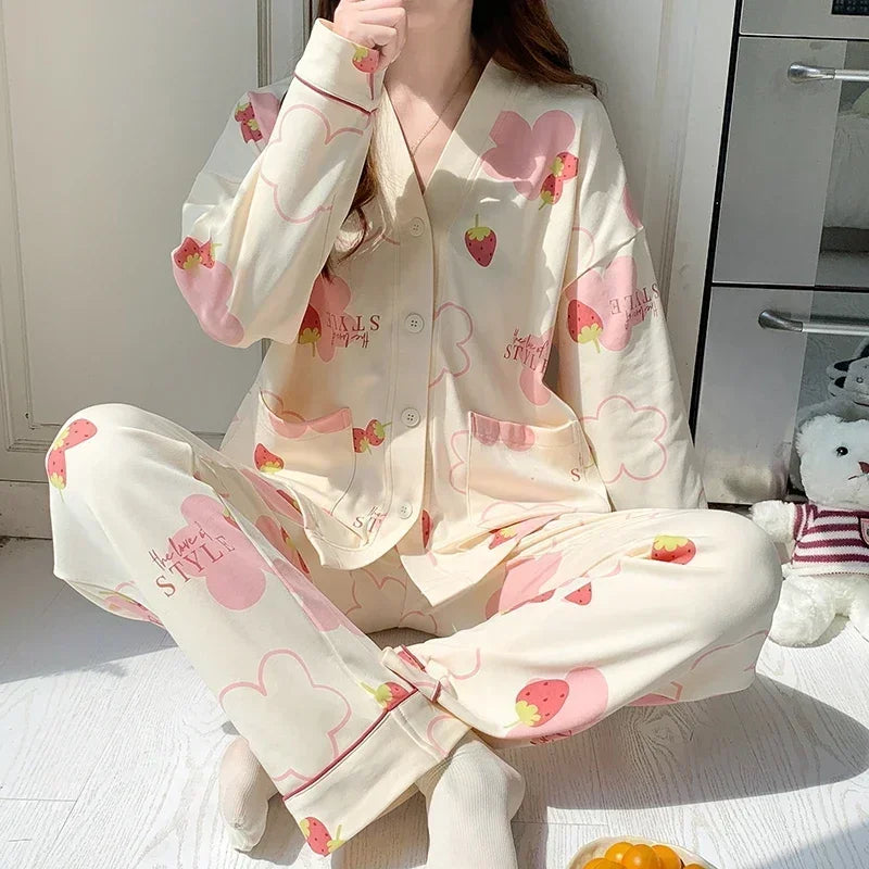 SUKAE Women Autumn Winter New Pajamas Sets Faux Cotton Sleepwear Casual Kimono Pijamas Sets Leisure Lapel Loungewear Homesuits