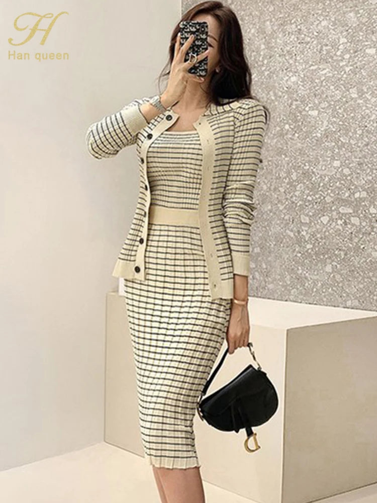 H Han Queen Korean Knitting 3 Pieces Set Women Knitted Sling + Cardigan And Pencil Skirts Casual Simple Office Lady Skirt Suit