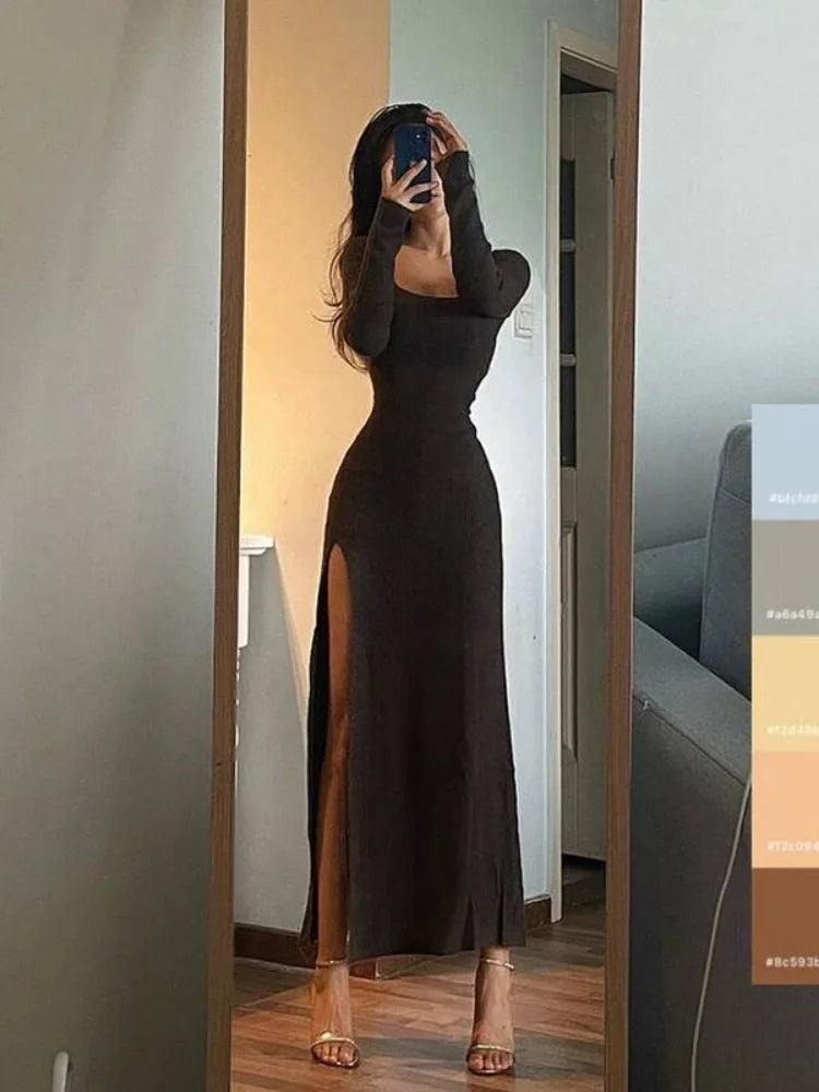 Autumn 2024 Vestidos De Mujer Y2k Dresses Women Clothing Long Sleeve Split Tunic Robe Femme Casual Fashion Bodycon Maxi Dress