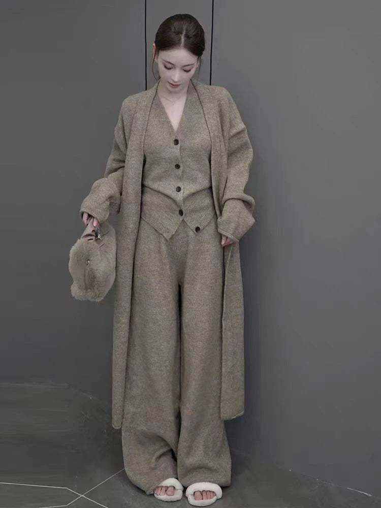 Loose Knitted Suit Autumn Women Set V Neck Vest Long Sweater Coat + Wide Legs Pants Suit Female Tracksuit 3 Piece Set Women