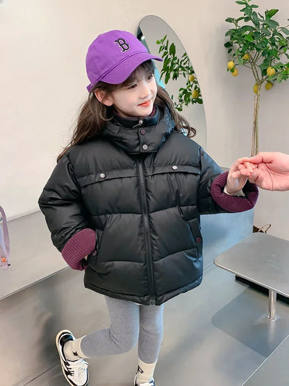 Winter 2025 Girls Thickened Cotton Coat for Childrens Winter Versatile Warm Black Little Girl Cotton Coat