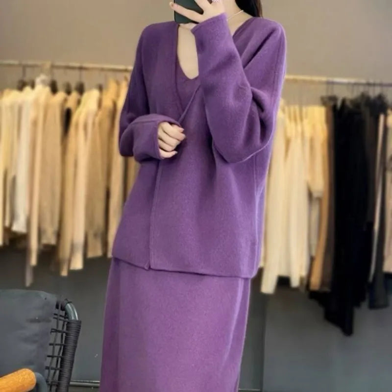 New Autumn Winter Cashmere Two Piece Sets Women Fashion Solid Color Long Sleeve Cardigan Coat + V-neck Sling Dress Elegant Suit