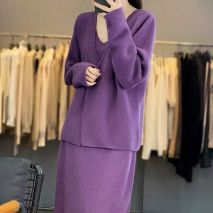 New Autumn Winter Cashmere Two Piece Sets Women Fashion Solid Color Long Sleeve Cardigan Coat + V-neck Sling Dress Elegant Suit