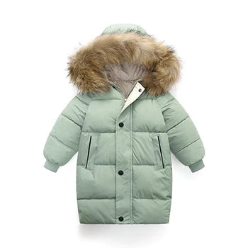 Winter Girls Down Jacket Keep Warm Fur Collar Fashion Little Princess Coat Hooded Boys Long Parkas Outerwear Children Clothing