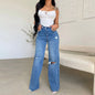 Women Jeans Wide Leg Pants Denim High Waist Zipper Fly Washing Holes Pockets High Street Ankle Length Flash Spring