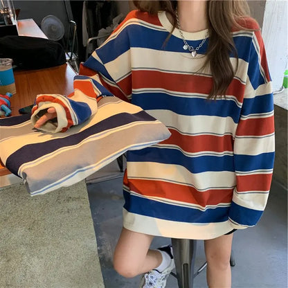 Women’s Casual Long Sleeve T-shirt Fashion Stripe Printing Round Neck Loose Pullover Tops