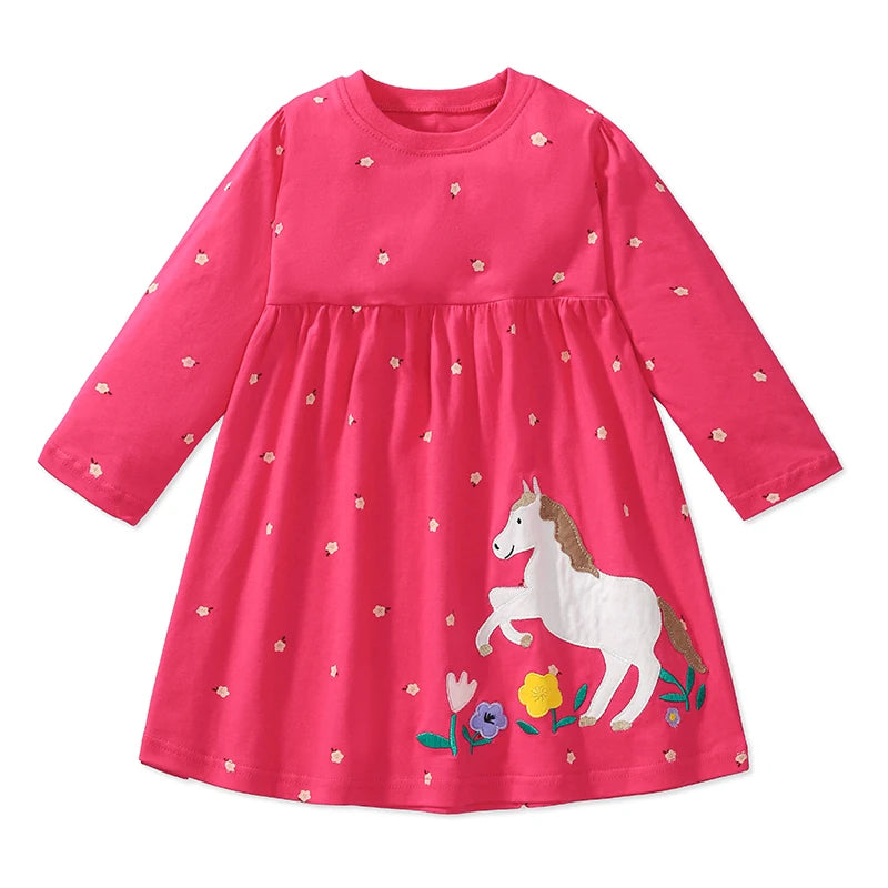 Little maven 2025 Autumn Kids Clothes Children's Clothing Cotton Baby Girls Cartoon Long Sleeves Unicorn Dresses 2-7 year