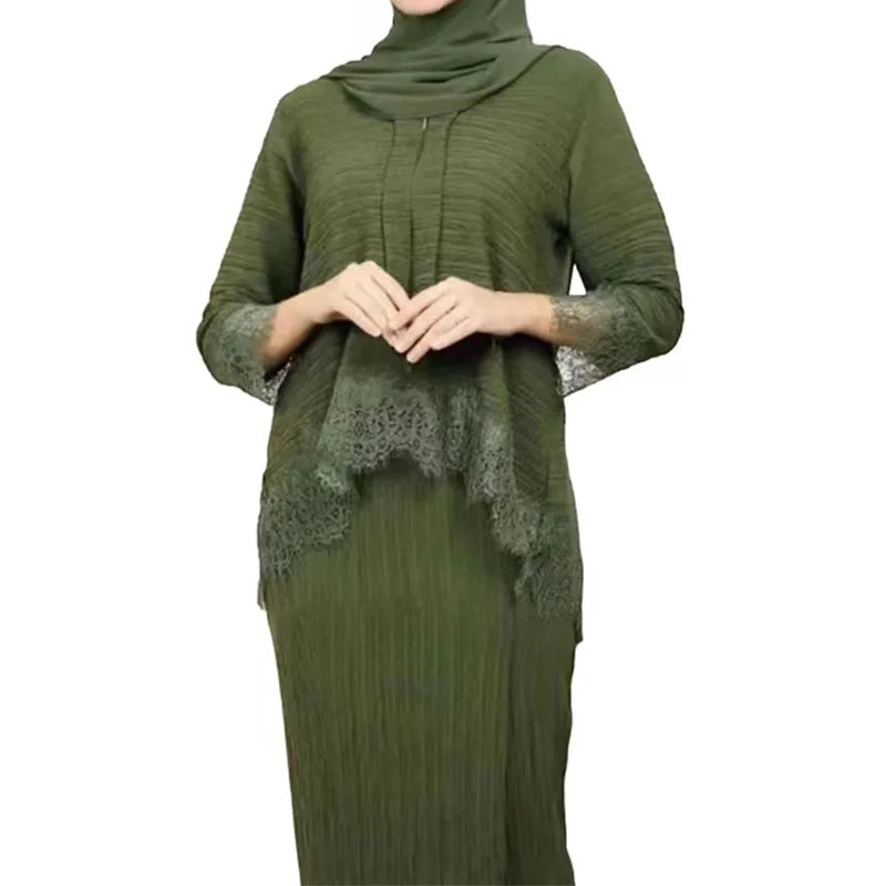 Muslim Abaya Set – Lace Pleated Top & Maxi Skirt