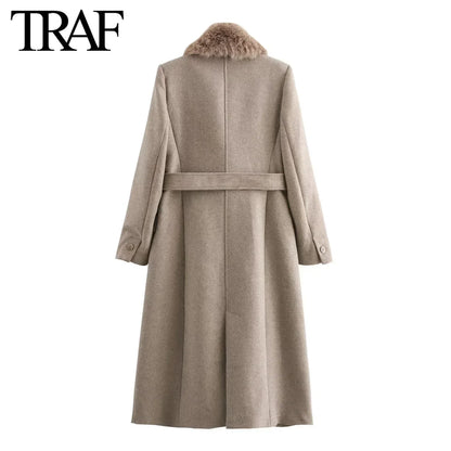 TRAF Wool Blend Elegant Long Coat Jackets Women Winter Removable Faux Fur Collar Belt  Warm French Chic Female Overcoat