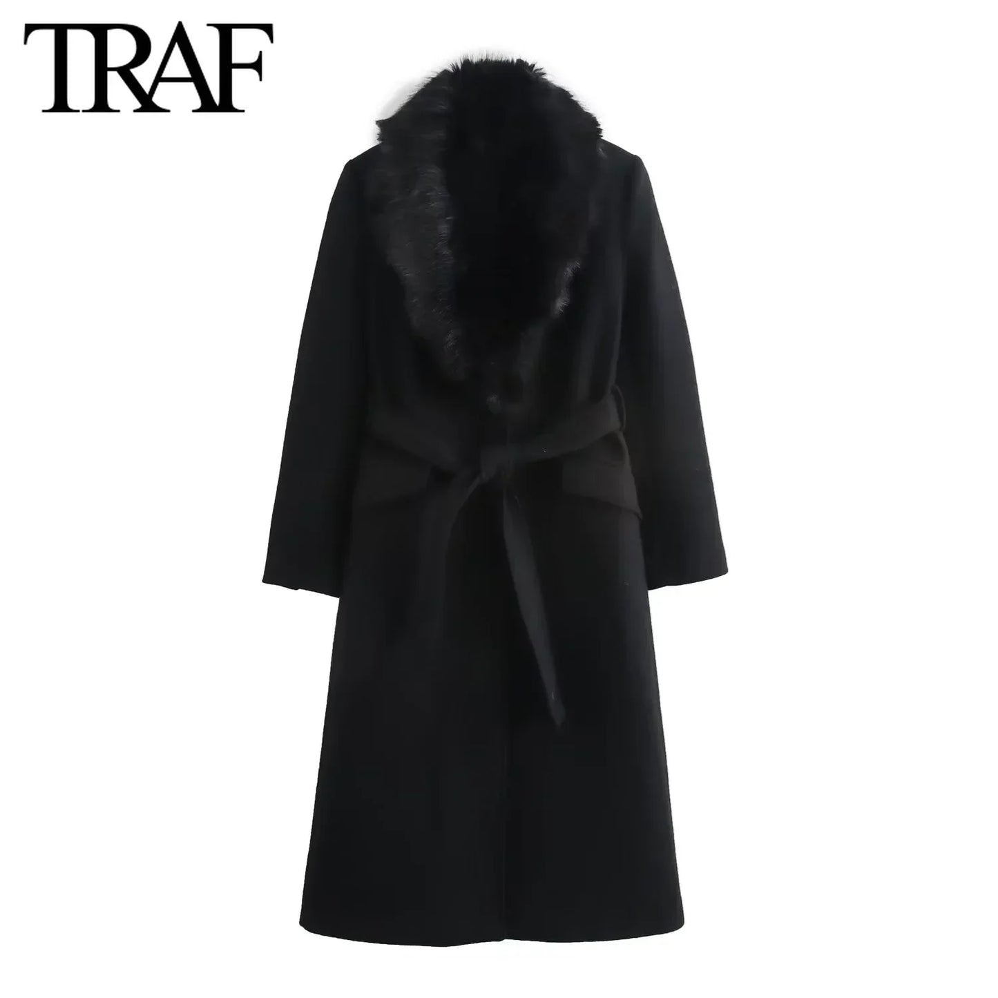 TRAF Wool Blend Elegant Long Coat Jackets Women Winter Removable Faux Fur Collar Belt  Warm French Chic Female Overcoat